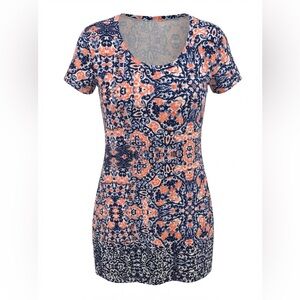 Margaritaville Soft Cotton Floral Patterned Navy and Coral Women's Top